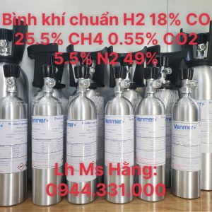 Bình khí chuẩn H2 18% CO 25.5% CH4 0.55% CO2 5.5% N2 49% 4 Bình khí chuẩn H2 18%, CO 25.5%, CH4 0.55%, CO2 5.5%, N2 49%